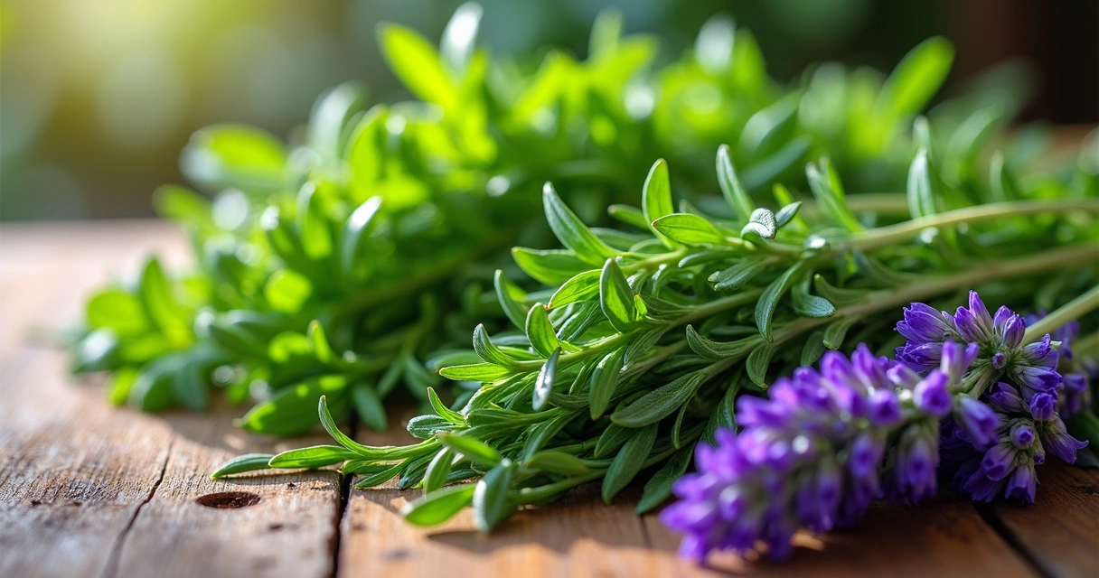 Diversas ervas frescas para banho energético em uma mesa de madeira