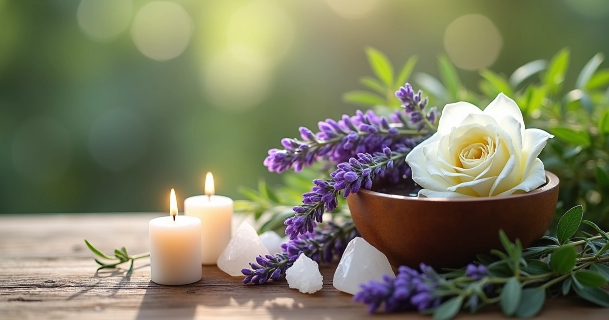 Ervas frescas para banho energético organizadas com cristais e velas 