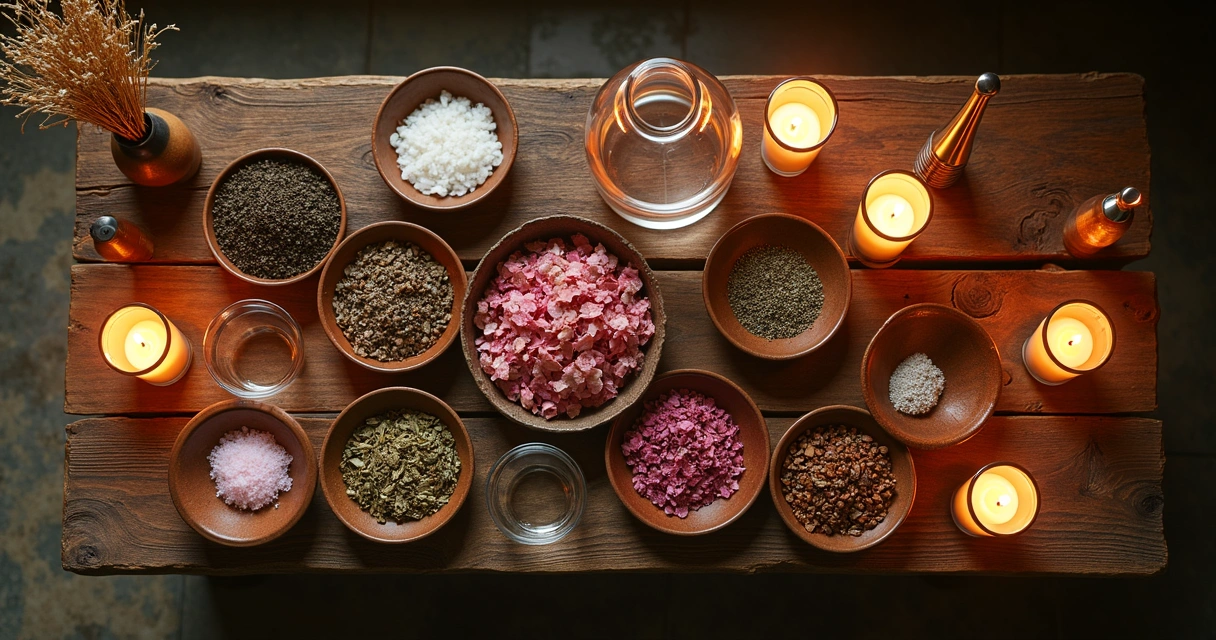 Mesa de madeira com ervas secas para banho energético à noite 
