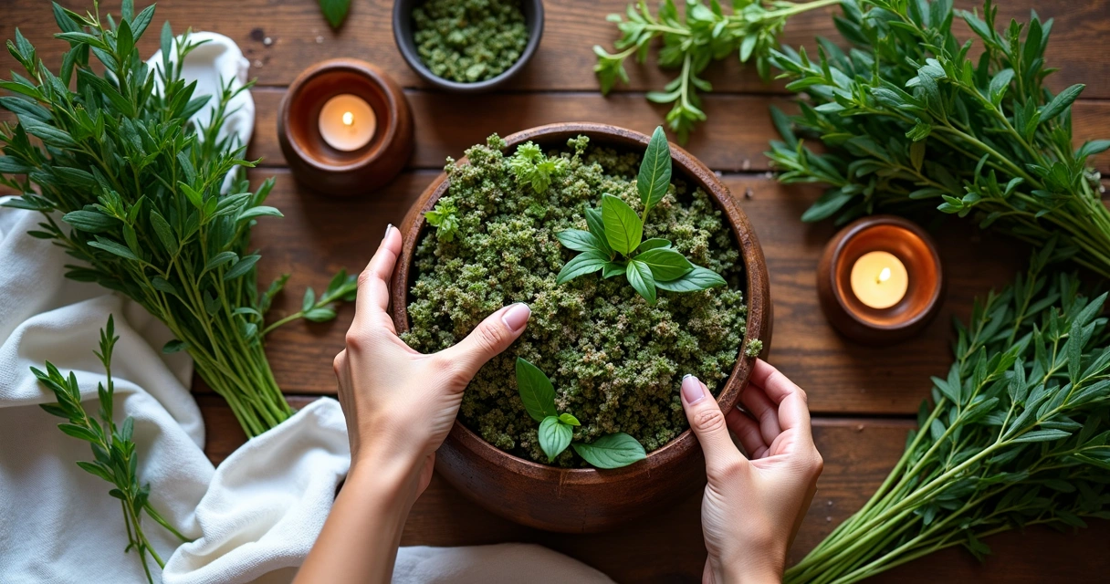 Ervas dispostas em círculo, velas e tigela de água