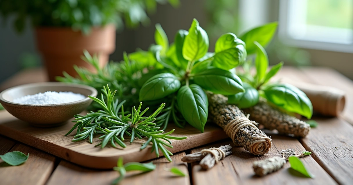 Ervas frescas separadas para preparo de banho energético 