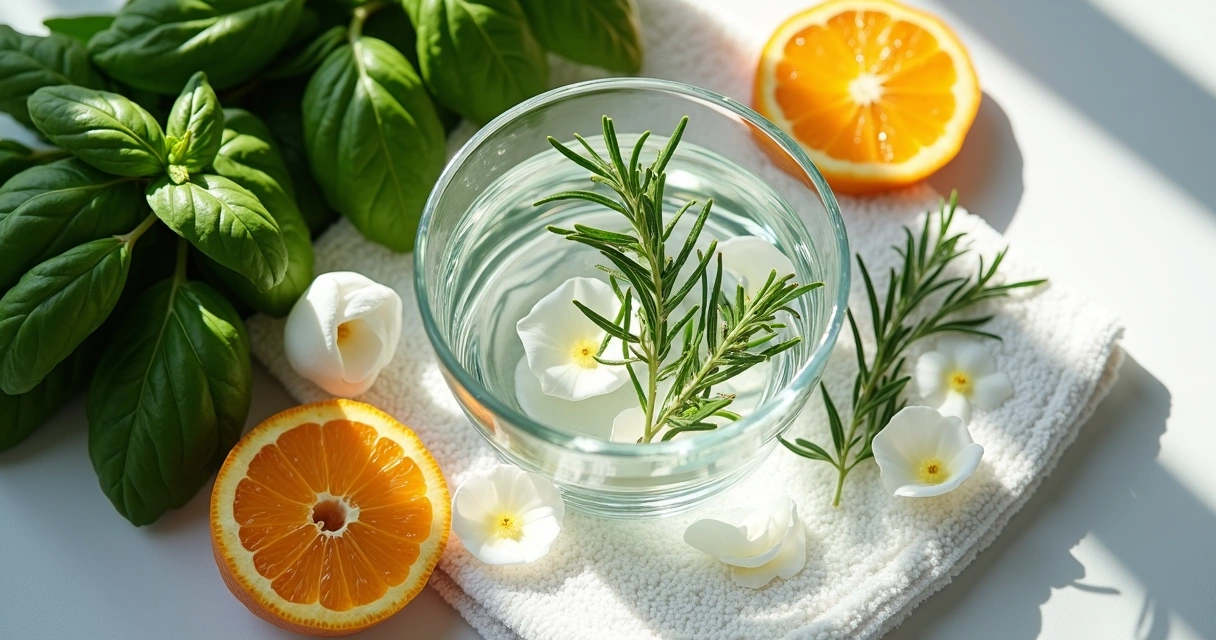 Ervas frescas, flores e tigela com água sobre uma toalha branca, preparadas para banho energético. 
