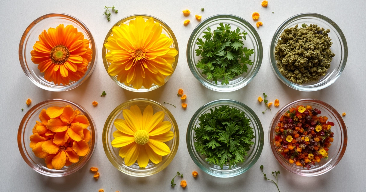 Ervas e flores coloridas separadas em recipientes, prontas para banhos de prosperidade 