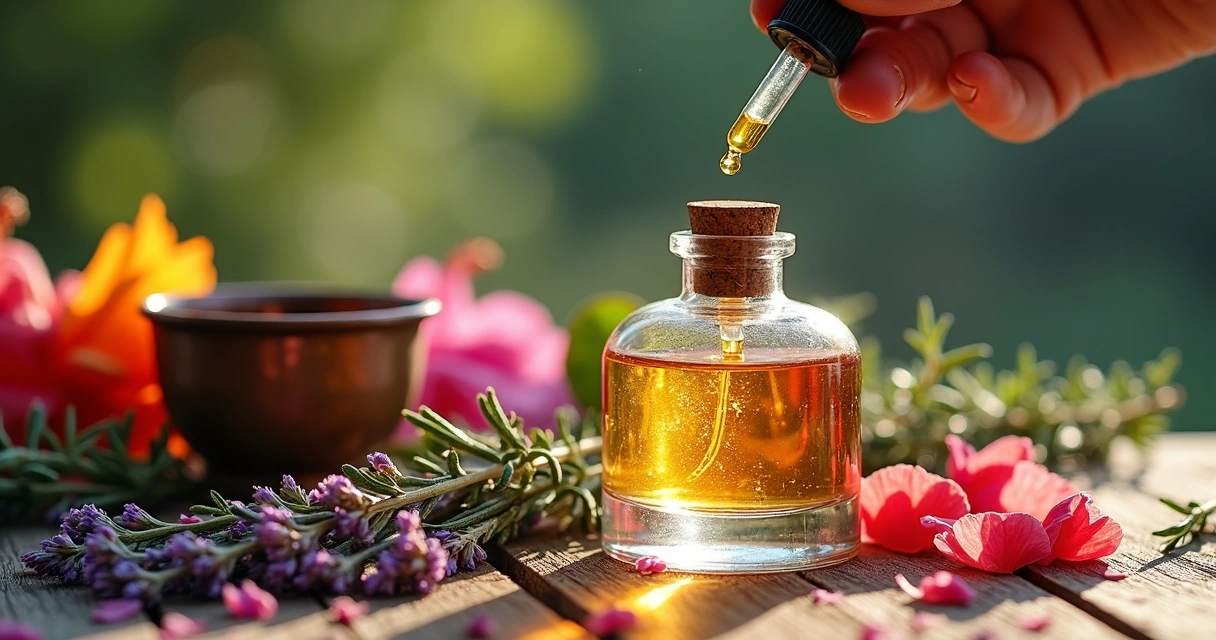 Frasco de perfume artesanal com várias ervas e pétalas coloridas ao redor 