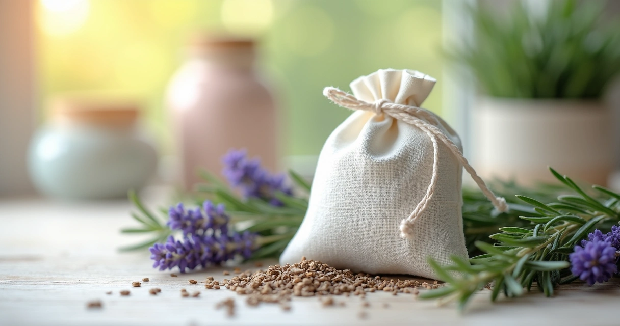 Sachê de tecido branco com ervas secas ao lado de flores de lavanda
