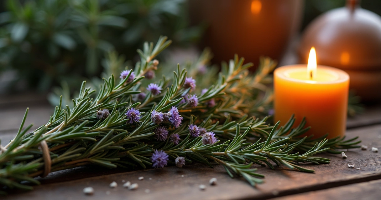 Ervas usadas para defumação ao lado de vela acesa 