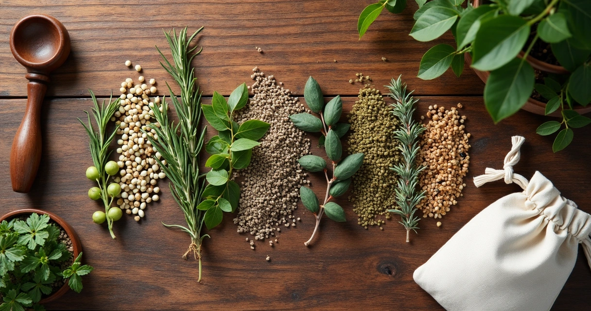 Pilha de ervas secas variadas e saquinho de algodão branco sobre mesa de madeira 