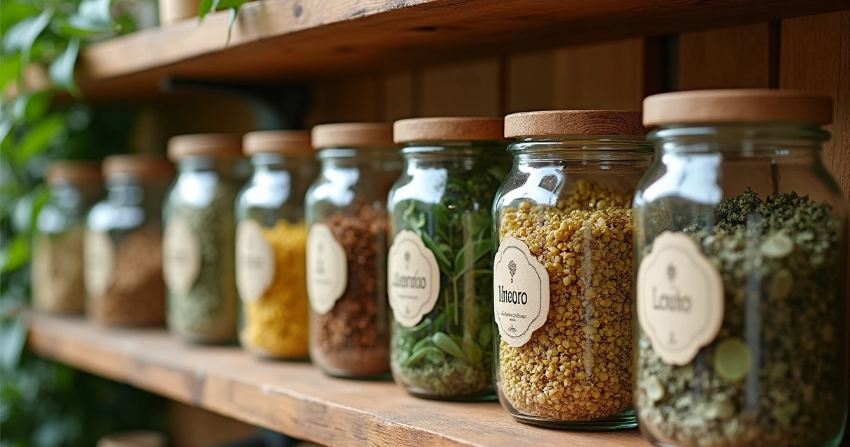 Vidro com ervas secas empilhadas em prateleira 