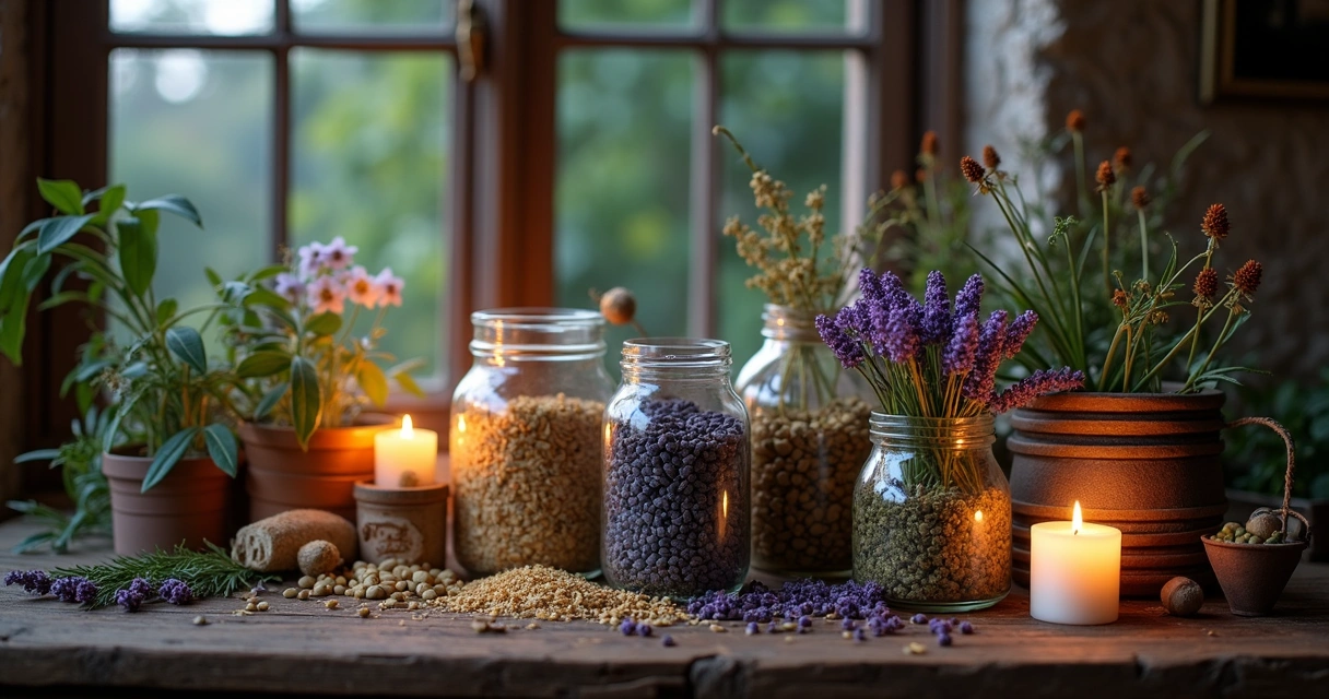 Diferentes ervas secas em pequenos potes de vidro sobre uma mesa de madeira, com uma vela acesa ao fundo 