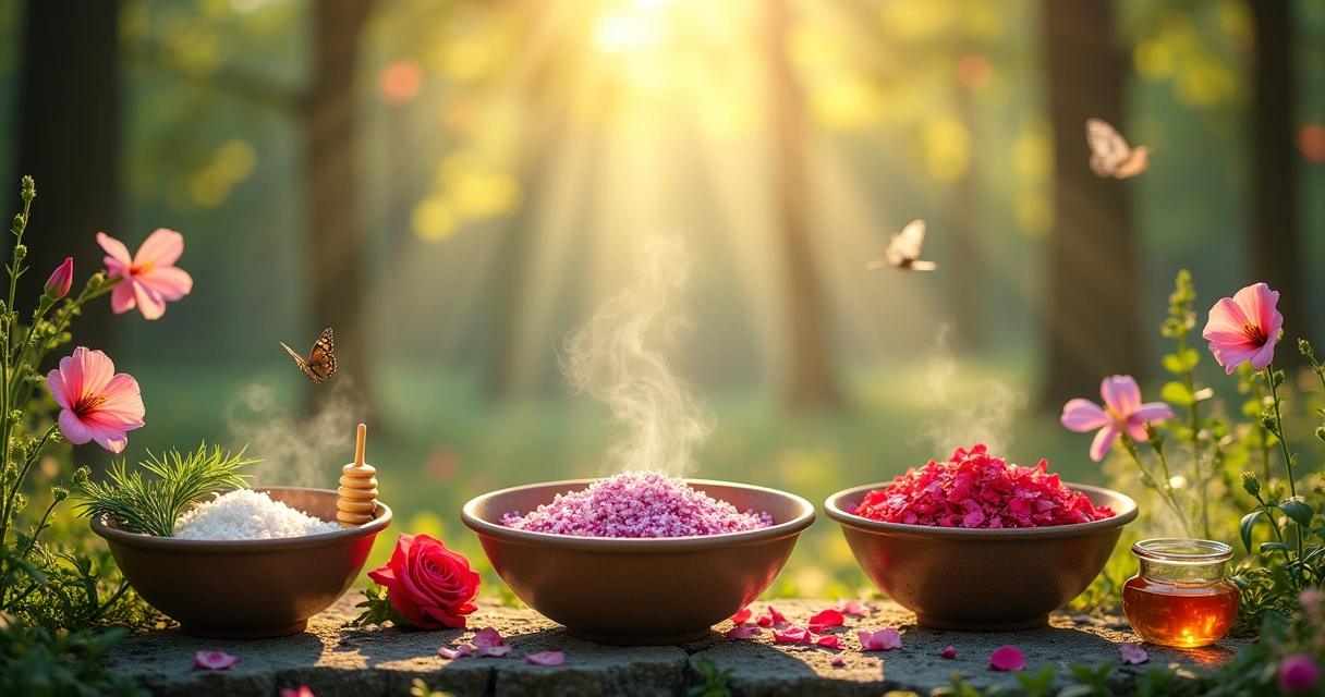 Várias ervas em tigelas, incluindo alecrim, rosas, camomila e hibisco, em uma floresta iluminada ao sol.