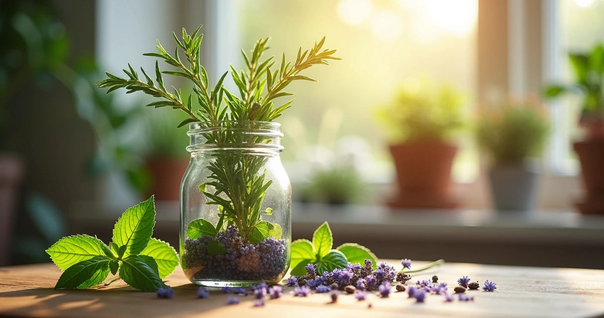 Ervas frescas em pote de vidro e flores naturais juntas 