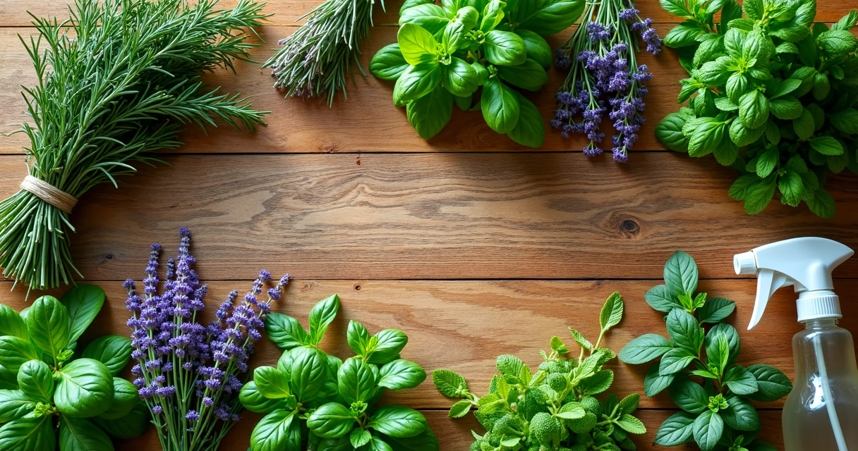Mesa com várias ervas frescas, vidros de spray e fundo iluminado natural 