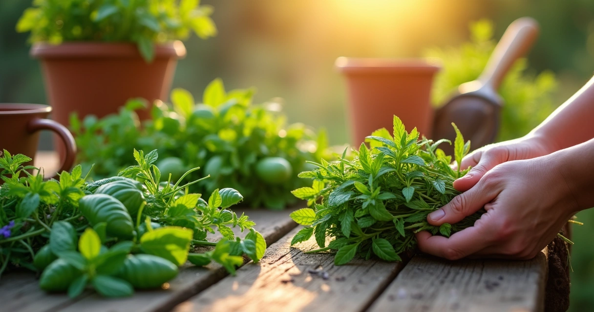 Ervas frescas colhidas em um jardim úmido ao amanhecer 