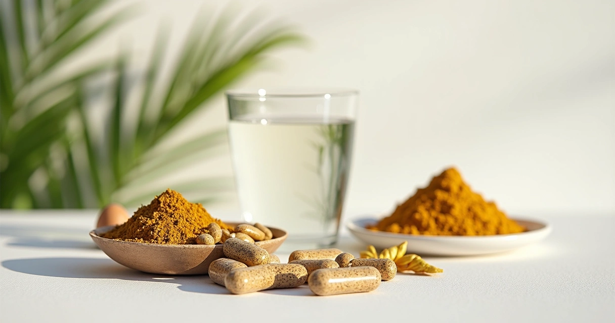 Ervas secas e cápsulas de suplementos naturais em superfície clara