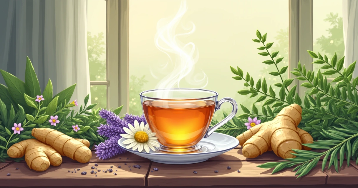 Harmonious arrangement of medicinal herbs: chamomile tea, ginger, and rue on a wooden table.