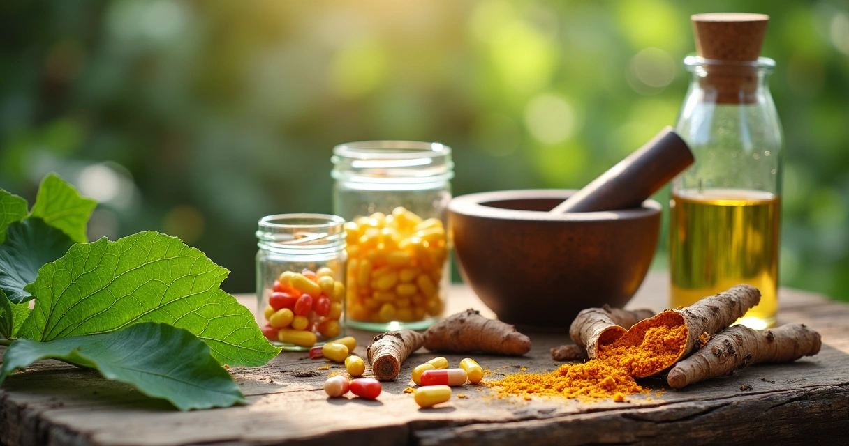 Diferentes ervas e cápsulas espalhadas sobre uma bancada de madeira, com foco em folhas de Ginkgo biloba e potes de manipulação 