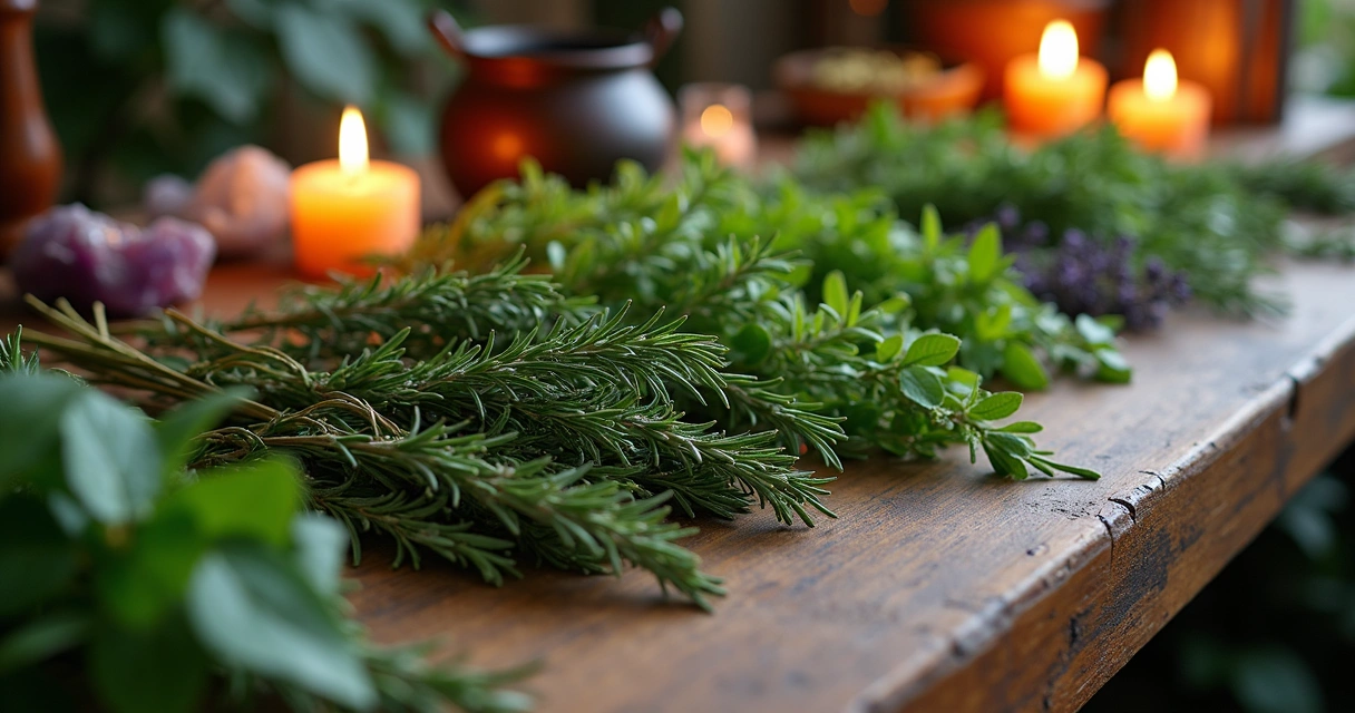 Diferentes ervas organizadas sobre uma mesa esotérica com velas e cristais