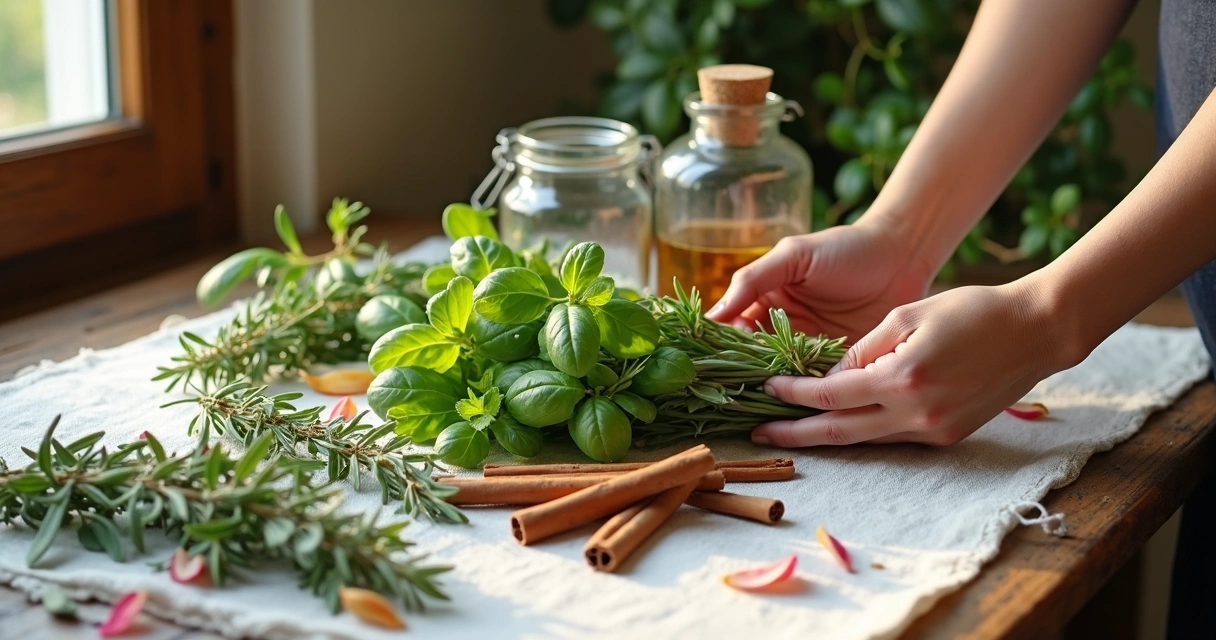 Ervas frescas e secas espalhadas em mesa de madeira clara 