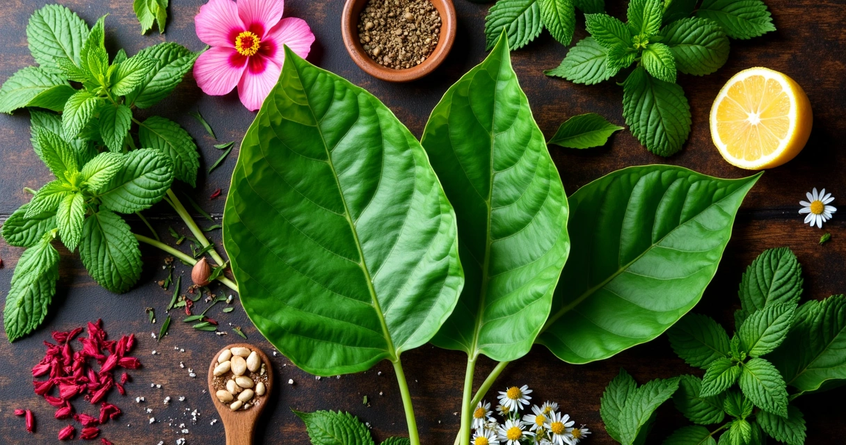 Diversas folhas de ervas frescas com moringa 