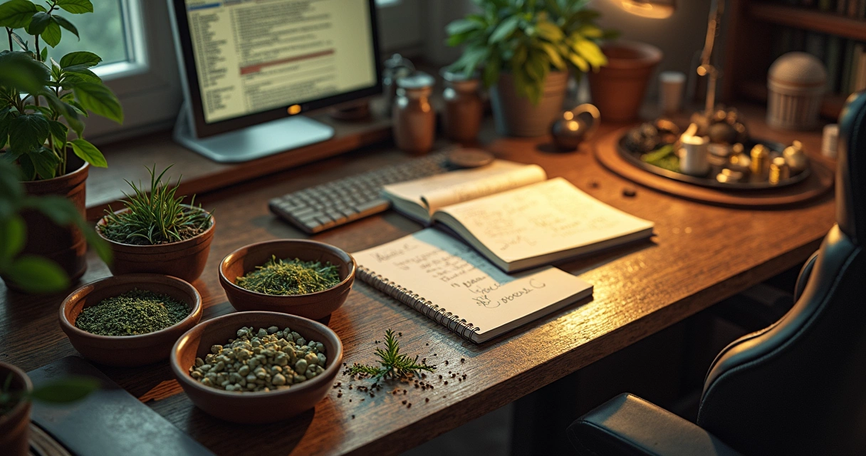 Ervas variadas organizadas sobre uma mesa de trabalho 