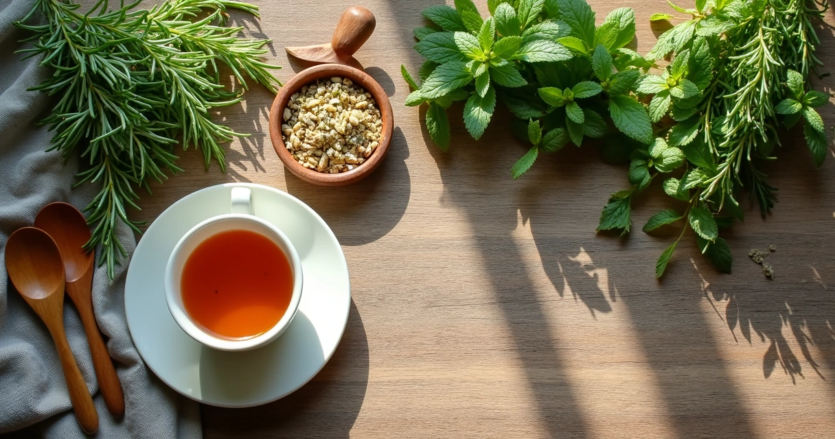 Diversas ervas dispostas em mesa de madeira ao lado de uma xícara de chá 