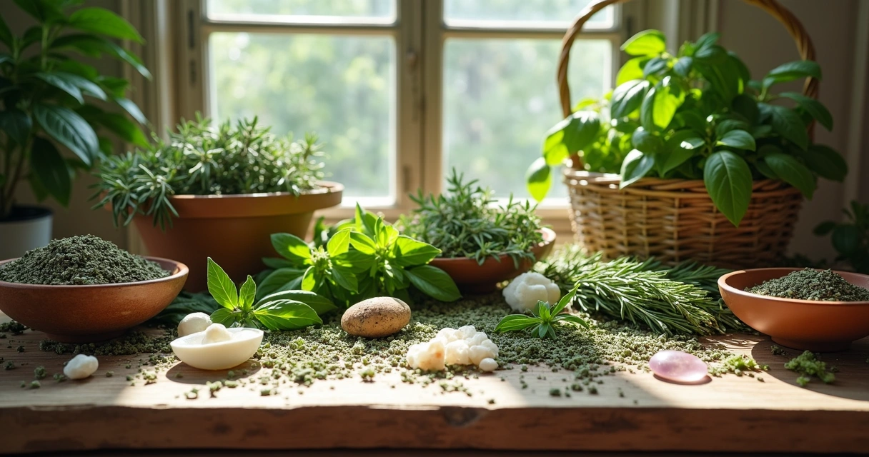 Ramos de ervas naturais dispostos sobre uma mesa de madeira 