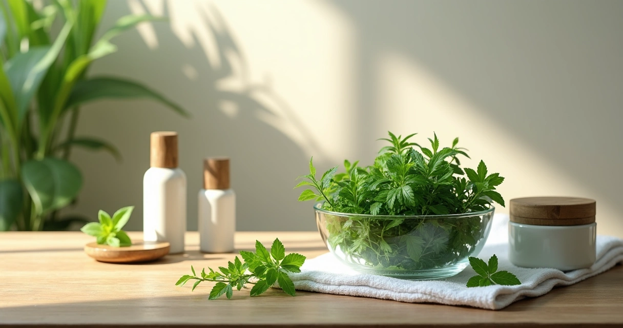 Ervas frescas em tigela de vidro sobre toalha junto de frascos de cosméticos 