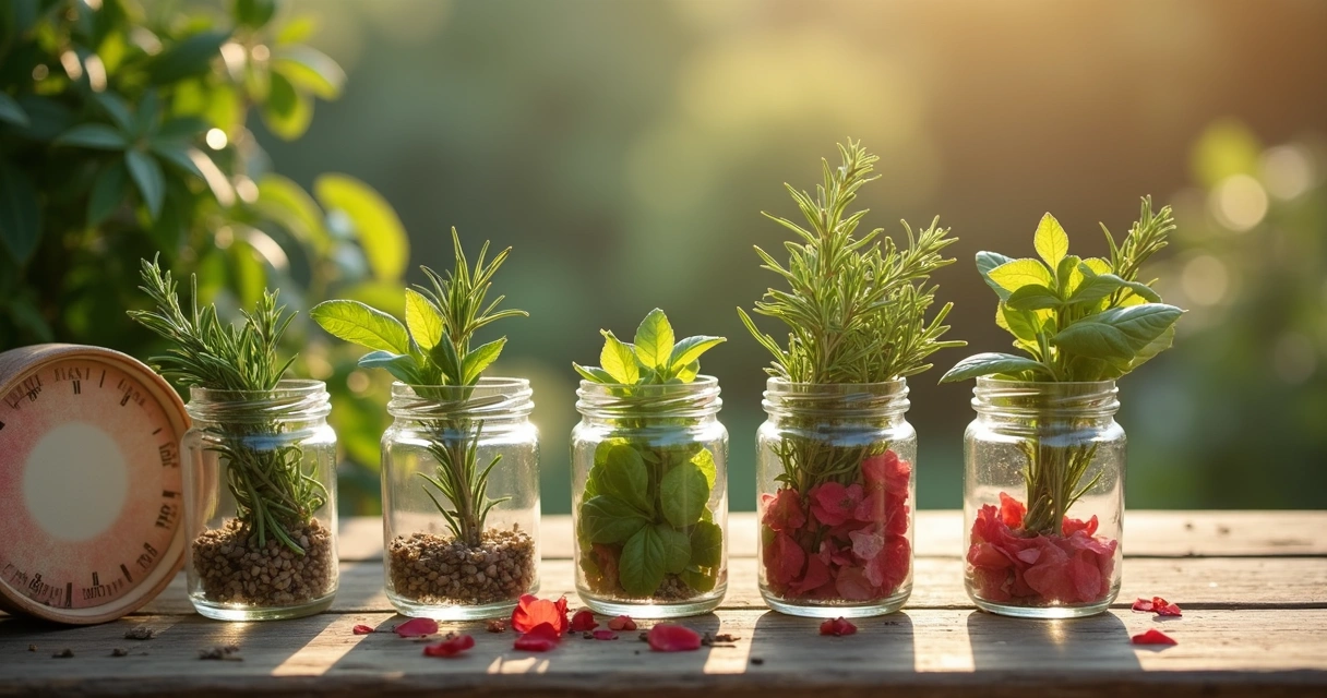 Ervas frescas separadas em potes para banhos energéticos em cima de superfície de madeira
