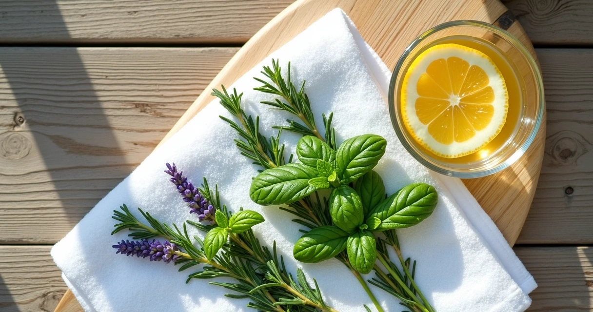 Ervas frescas como hortelã, alecrim e lavanda organizadas em uma tigela sobre uma toalha branca.