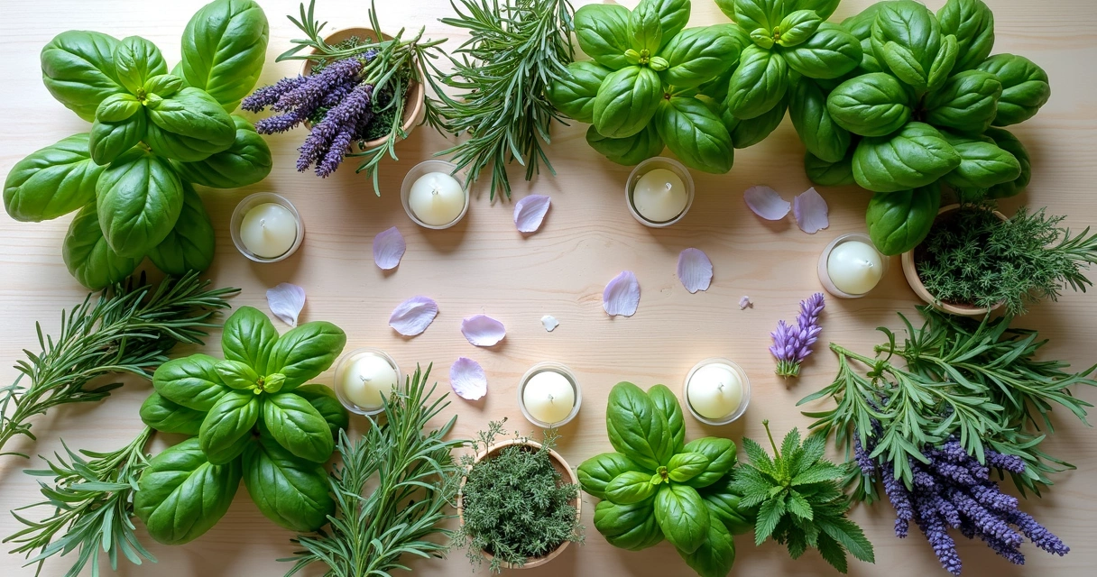 Diversas ervas frescas dispostas em círculo em uma mesa de madeira clara, com pétalas de flores e velas brancas ao centro 