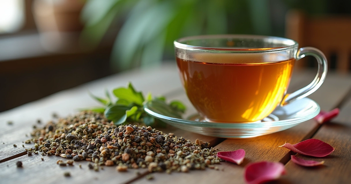 Ervas secas preparadas ao lado de uma xícara com chá claro