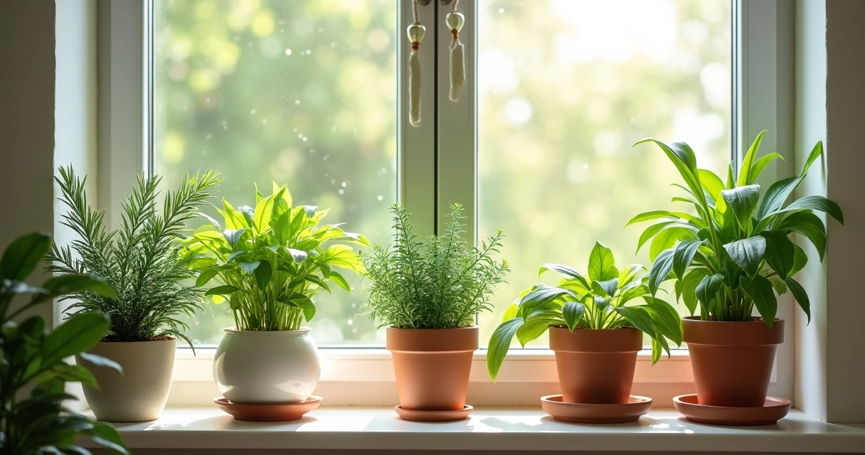 Ervas frescas em vasos dispostas em ambiente doméstico iluminado 