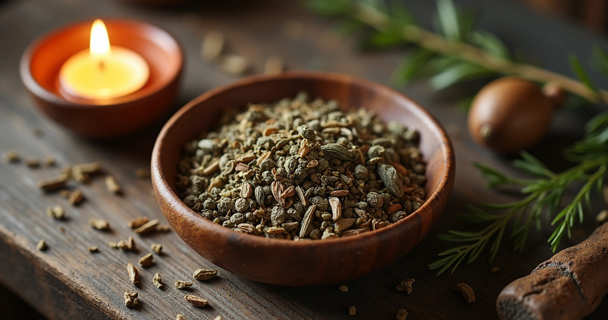 Ervas secas raras dispostas em uma vasilha de madeira, ao lado de uma vela acesa