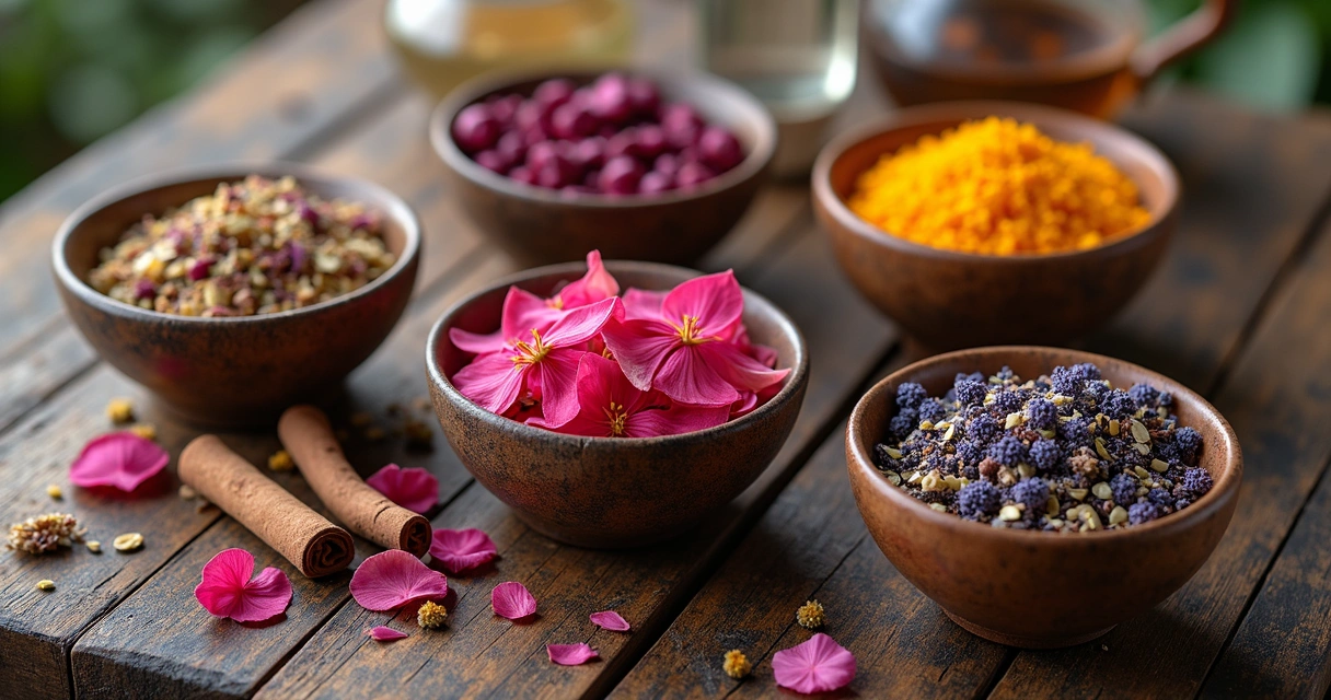 Diferentes ervas para chás em tigelinhas sobre mesa de madeira, incluindo pétalas de rosa, hibisco, camomila, canela e lavanda 