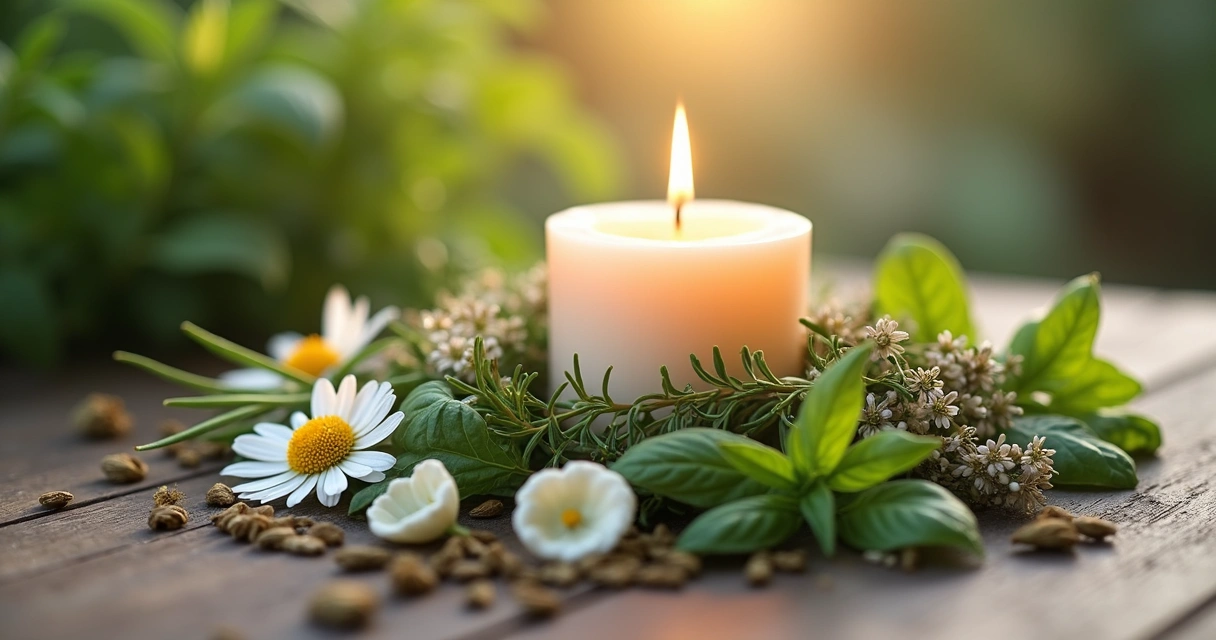 Diversas ervas e flores organizadas ao redor de uma vela acesa