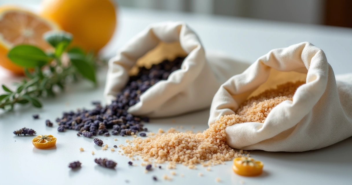 Ervas e sachês naturais dispostos sob superfície de madeira 