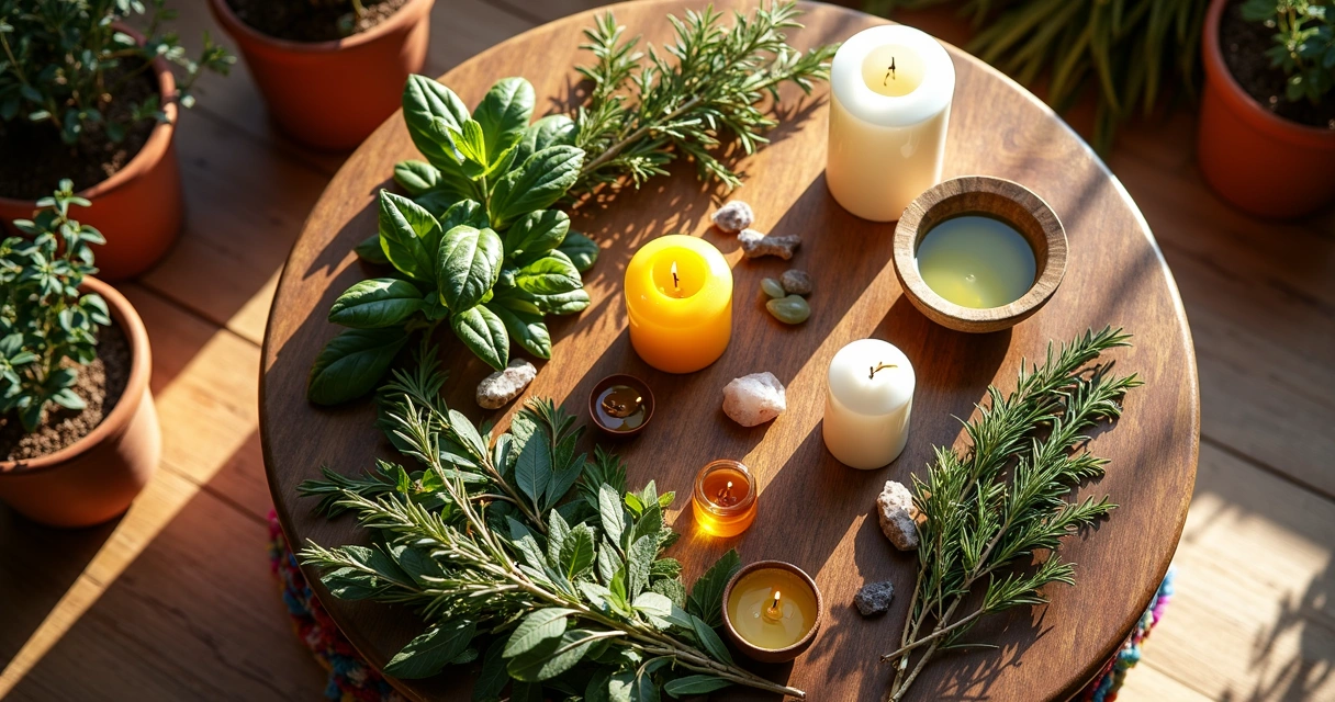 Mesa decorada com ervas sagradas e velas acesas