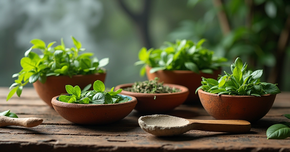 Diferentes folhas e ervas dispostas em tigelas de barro ao lado de ferramentas ritualísticas