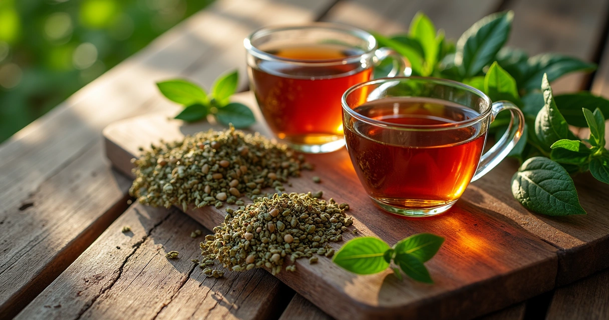 Xícaras de chá com ervas naturais usadas como nootrópicos sobre uma mesa de madeira 