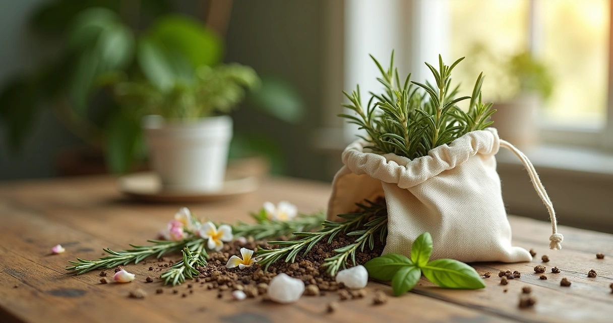Saco de algodão com ervas secas de proteção em mesa de madeira, folhas verdes e pétalas ao redor. 