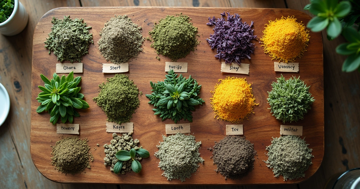 Diversas ervas separadas por signos do zodíaco em uma mesa de madeira 