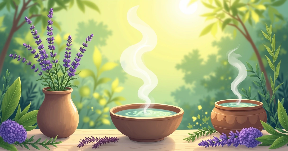 Espaço relaxante com ervas como sálvia, manjericão, lavanda e óleos essenciais em destaque.