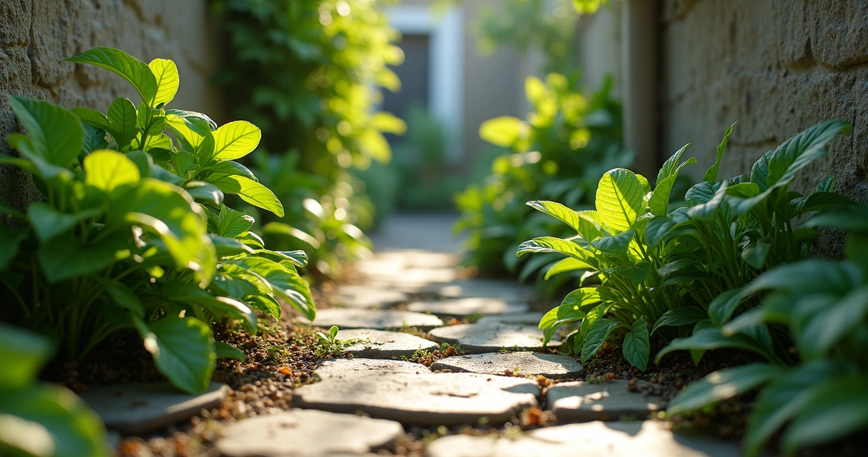 Ervas variadas crescendo em um pequeno canteiro urbano no quintal 