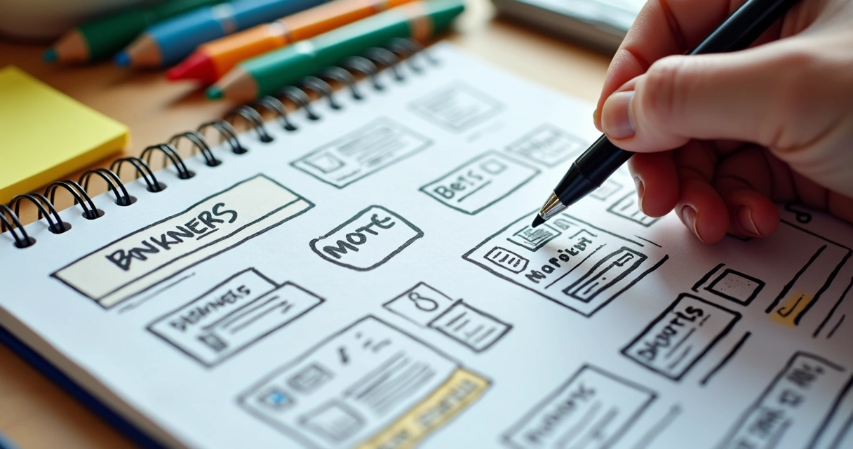 Esboço à mão de landing page única em caderno