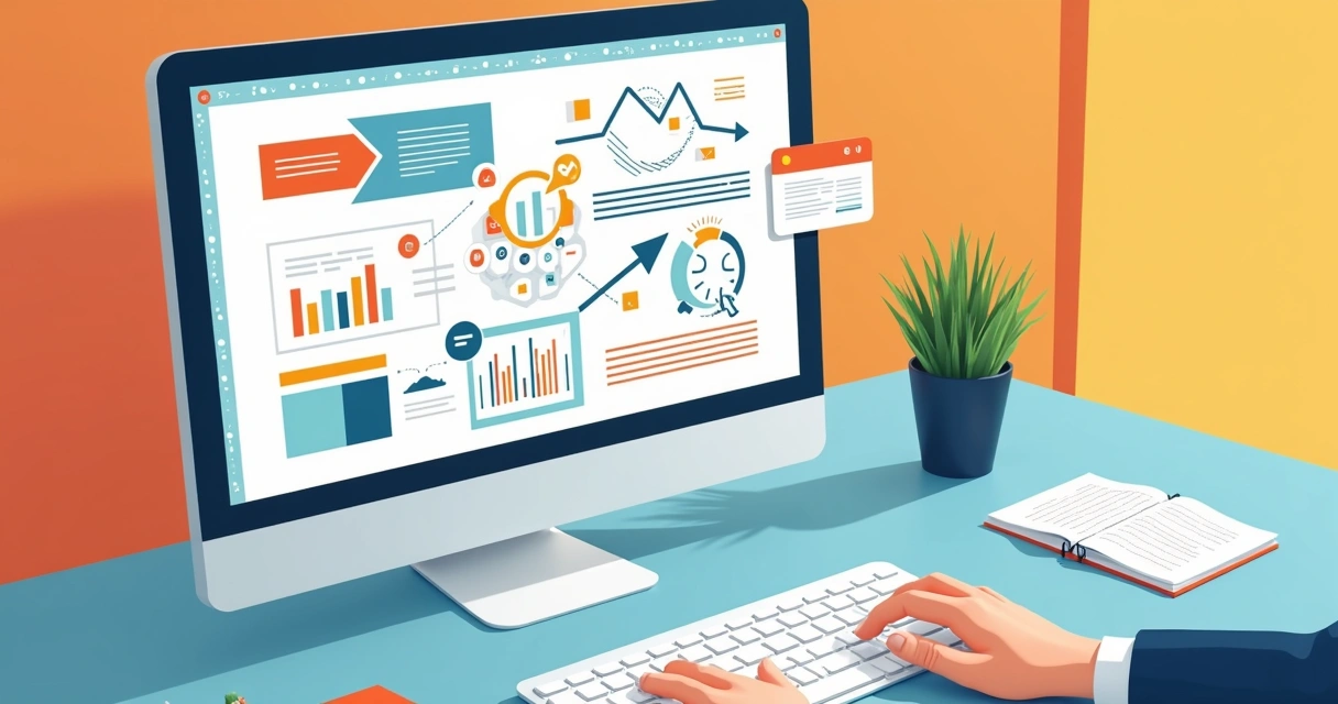 Layout digital de um infográfico esboçado com setas, blocos e tópicos em tela de computador 