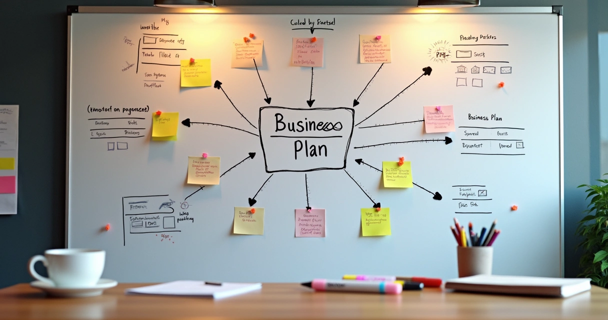 Desenho de um plano de negócios em quadro branco com post-its coloridos 