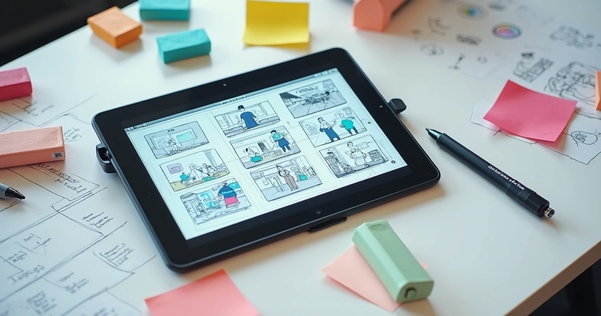 Storyboard digital mostrando sequência de imagens para conteúdo visual 