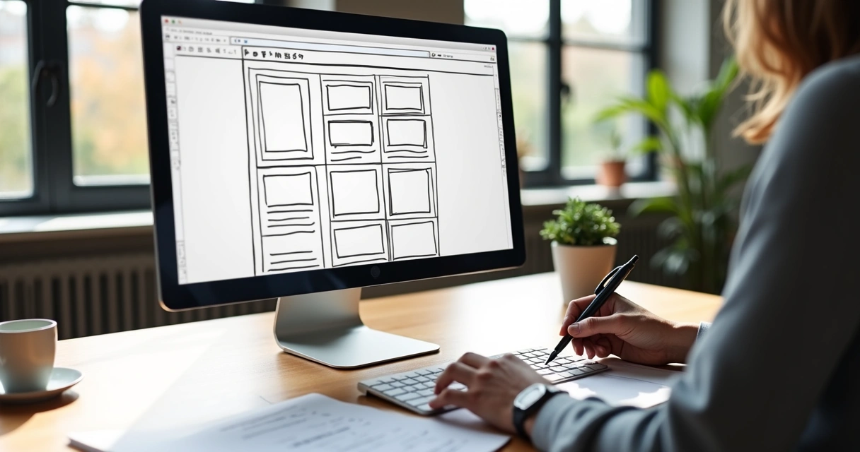 Protótipo digital de site esboçado em tela de computador 