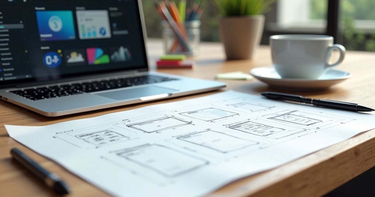Esboços de protótipos ao lado de laptop com tela do Figma aberta 