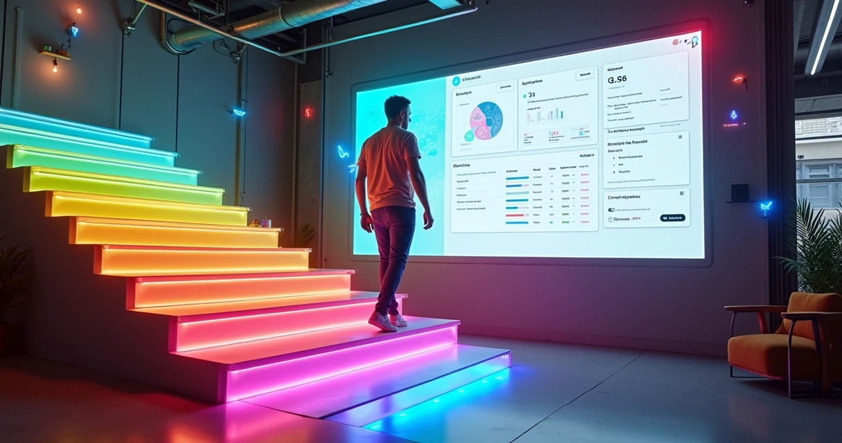 Fundador brasileiro subindo escada colorida em direção a painel gigante de app no-code em expansão 